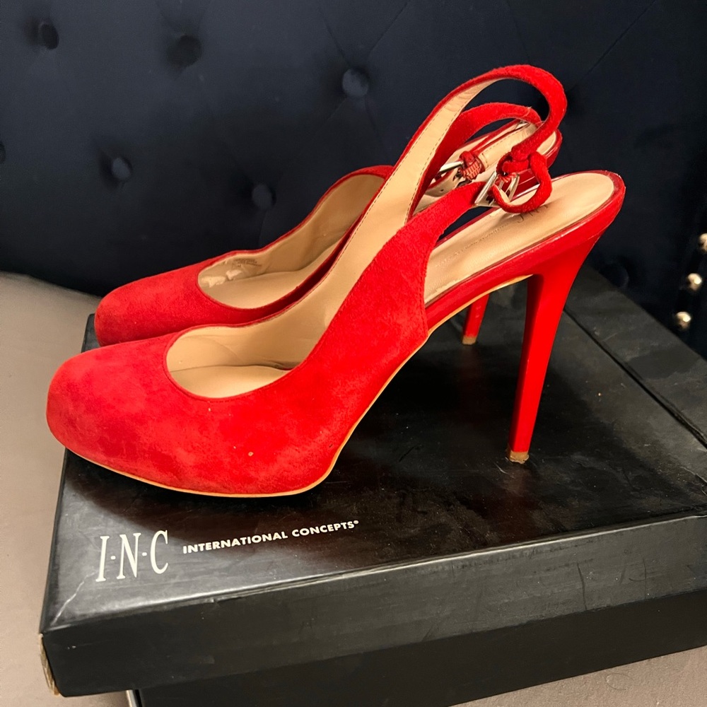 Red side sling back stiletto heels
